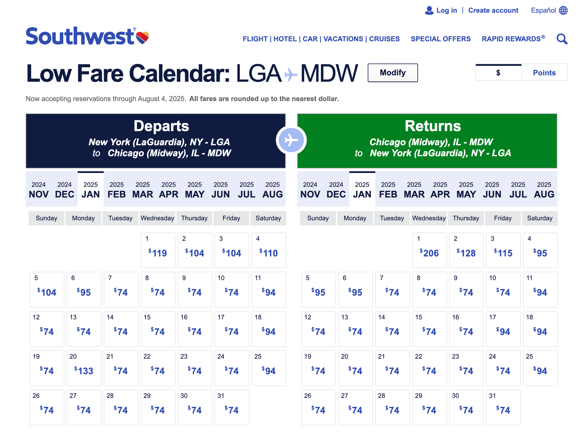 Southwest fare calendar.